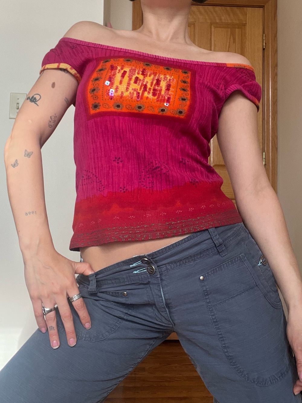 Vintage Boho Cap Sleeve / Off Shoulder Top